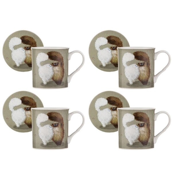 4PK Ashdene Kim's Cats Double Puff New Bone China Mug & Coaster Set 330ml Green
