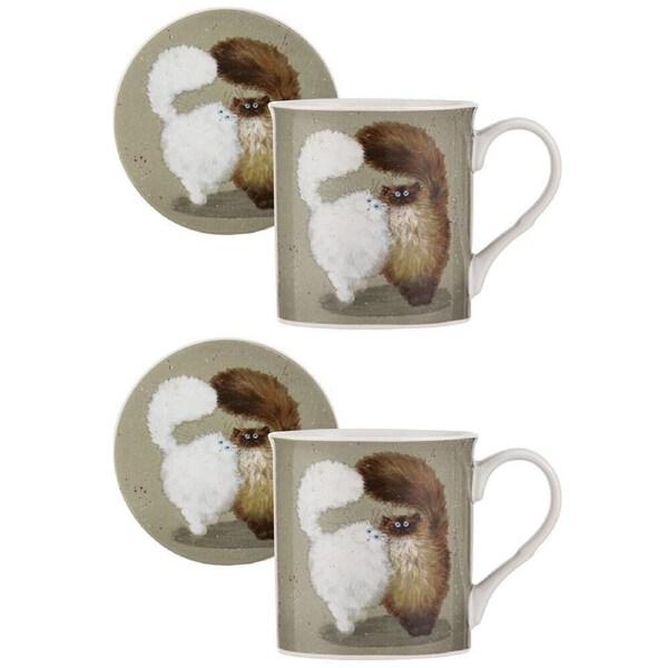 2PK Ashdene Kim's Cats Double Puff New Bone China Mug & Coaster Set 330ml Green