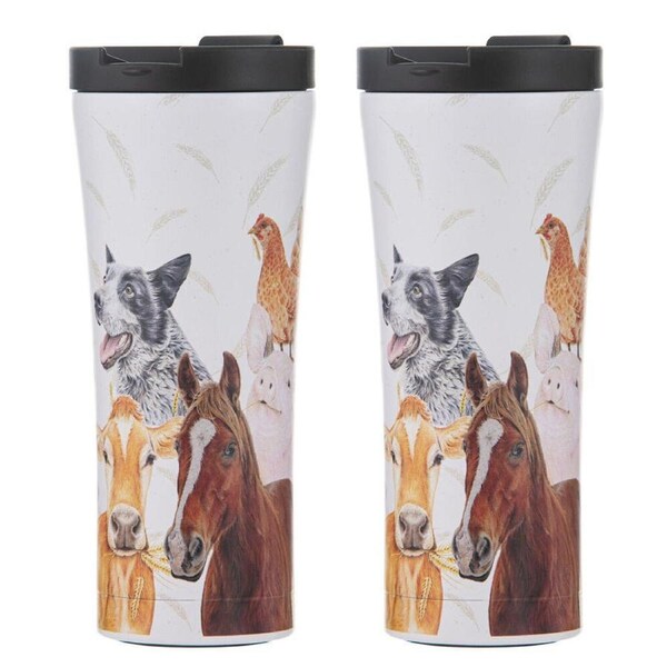 2PK Ashdene Farmyard Faces 2 Travel Mug Coffee Water Flask Tumbler 9.2x20cm