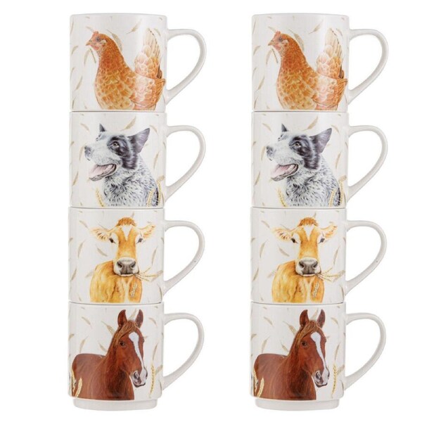 2x 4pc Ashdene Farmyard Faces 2 New Bone China Stackable Drink Mug 330ml White