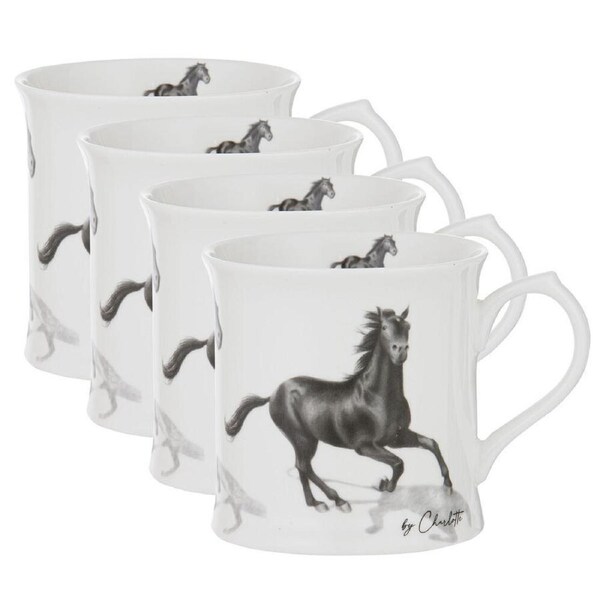 4PK Ashdene Horses By Charlotte New Bone China Drinking Mug 470ml Black