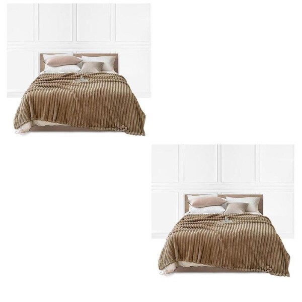 SOGA 2x 200x230cm Warm & Cozy Flannel Polyester Throw Blanket Light Brown