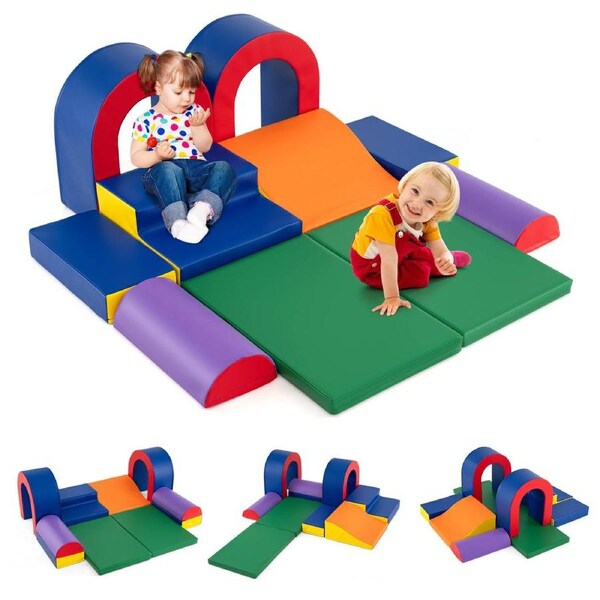 Babyjoy 10PCS Foam Climbing Blocks Indoor Soft PU Leather Climb & Crawl Activity Playset Lightweight Baby Climber Structures