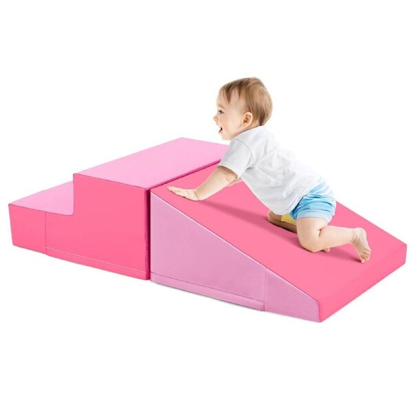 Babyjoy 2-Piece Baby Soft Foam Climbing Blocks Step Slide Climber Activity Playset for Crawl & Climb