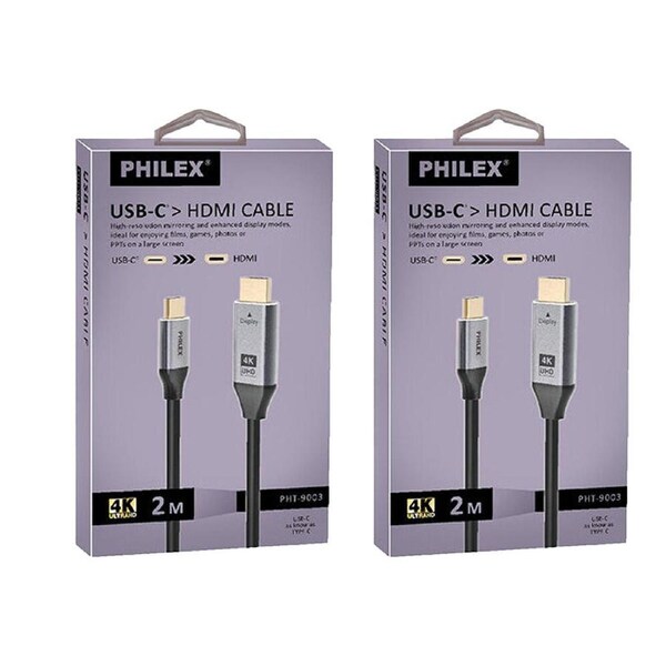 2PK Philex USB-C to HDMI Cable 4K UHD Compatible for Laptop TV Phone 2m Black