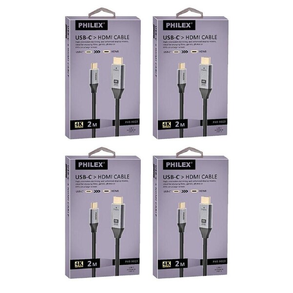 4PK Philex USB-C to HDMI Cable 4K UHD Compatible for Laptop TV Phone 2m Black