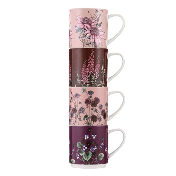 4pc Ashdene Secret Garden Stackable New Bone China Drinking Mug 330ml Pink