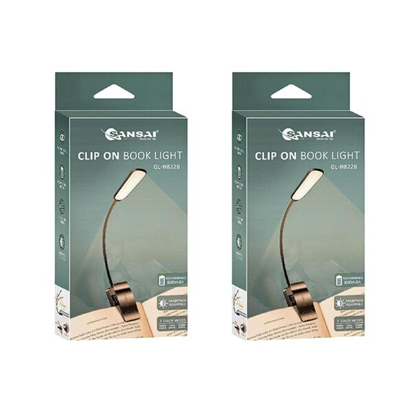 2PK Sansai Rechargable Clip on LED Book Light Adjustable Brightness/Colour Black