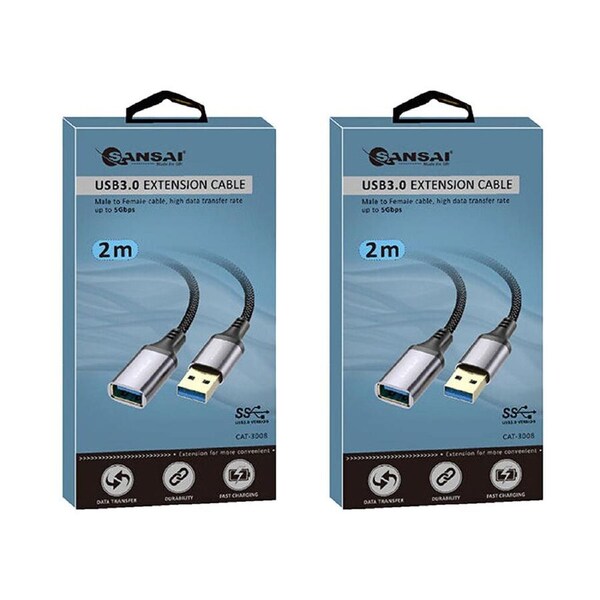 2PK Sansai Heavy-Duty USB 3.0 Extension Cable USB-A Male to Female 2m Black/Grey