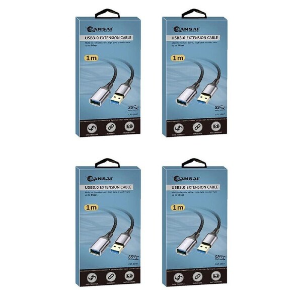 4PK Sansai Heavy-Duty USB 3.0 Extension Cable USB-A Male to Female 1m Black/Grey