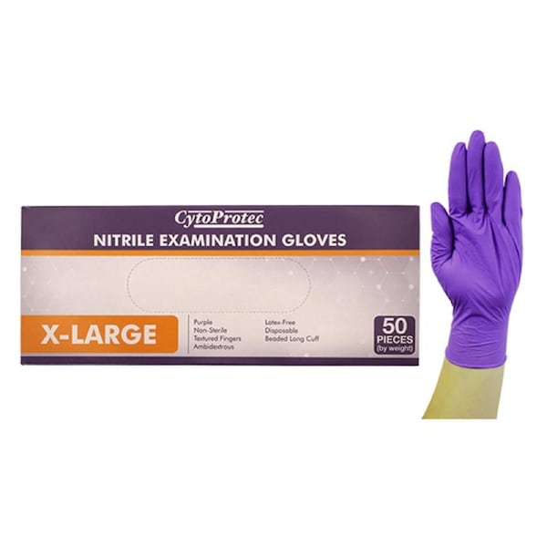 CytoProtec Extra Thick Nitrile Examination Gloves, Powder Free, Extra Large, Purple, Long Cuff, 50 Pieces/Box