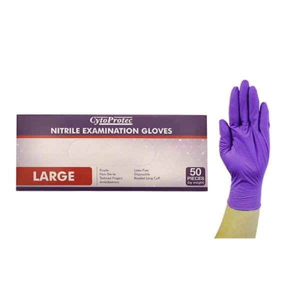 CytoProtec Extra Thick Nitrile Examination Gloves, Powder Free, Large, Purple, Long Cuff, 50 Pieces/Box