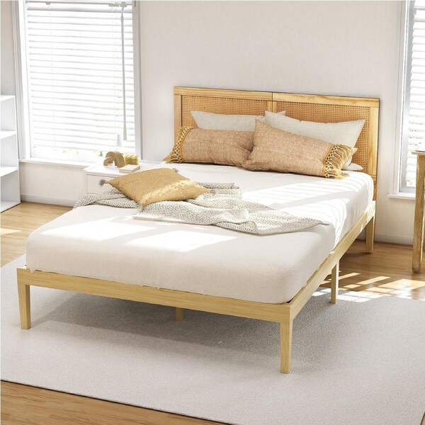 Artiss Wooden Bed Frame with Rattan Headboard Double BRUNO