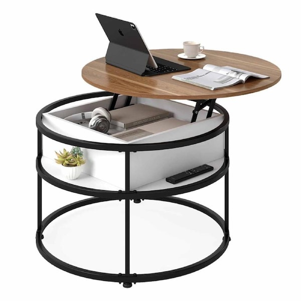 Costway 2-Tier Round Lift Top Coffee Table w/Hidden Compartment & Side Shelves Cocktail Table Teak & Black