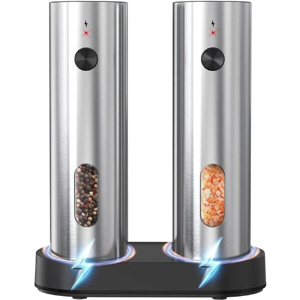 2PCS Sliver Stainless Steel Electric Salt & Pepper Grinder Set Rechargeable Mills with Charging Base