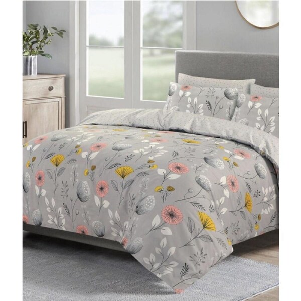 Grey Floral Design Cotton Quilt Cover Set King Single