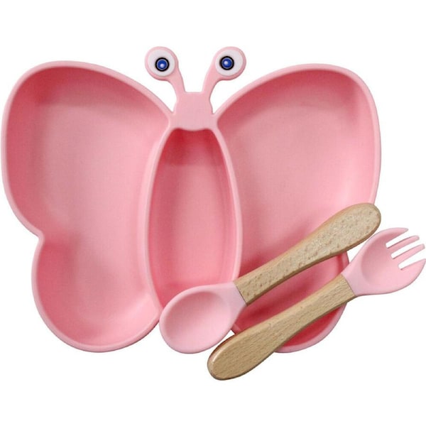 3pc LVD Butterfly Silicone Baby Feeding Bowl and Cutlery Set 22x16.5cm Pink