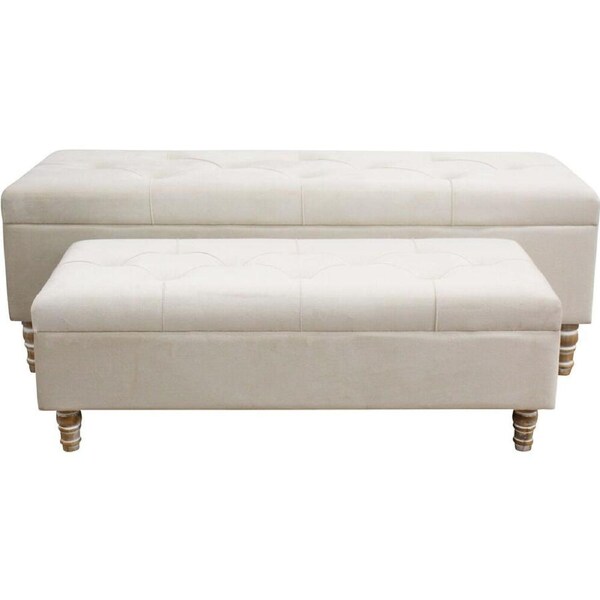 2pc LVD Sandstone Wooden Velvet Storage Ottoman Set 120x40cm/90x35cm Cream