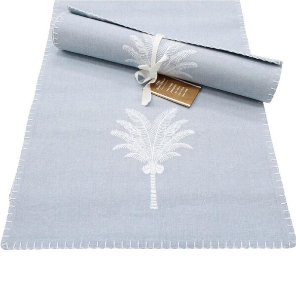 LVD Stonewashed Chambray Cotton Embroidered Palm Cove Table Runner 40x180cm Blue