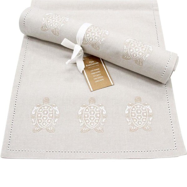 LVD Stonewashed Chambray Cotton Embroidered Turtles Table Runner 35x160cm Beige