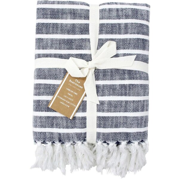 LVD Stonewashed Cotton Harbour Stripe Throw Blanket 120x150cm Navy Blue