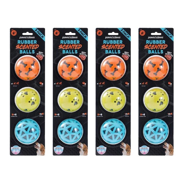 4PK 3pc Paws And Claws TPR Rubber Scented Beef Squeaky Dog Balls 7cm Assorted