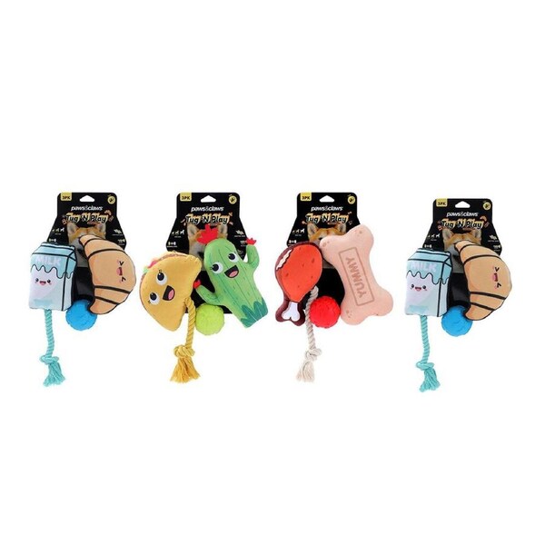 4PK 3pc Paws And Claws Tug 'N Play Squeaky Plush Dog Toy 17x11x5cm Assorted