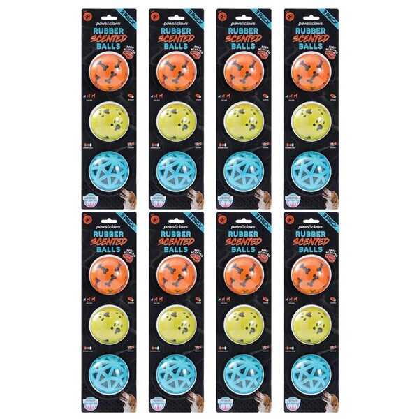 8PK 3pc Paws And Claws TPR Rubber Scented Beef Squeaky Dog Balls 7cm Assorted