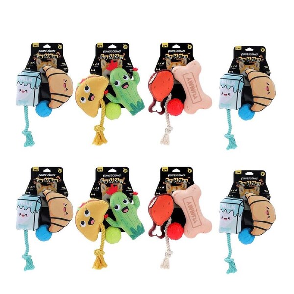 8PK 3pc Paws And Claws Tug 'N Play Squeaky Plush Dog Toy 17x11x5cm Assorted