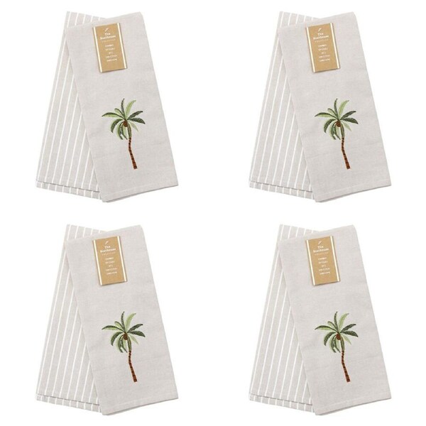 2x 2pc LVD Stonewashed Chambray Cotton Teatowel Palm Tree Set 45x70cm Natural