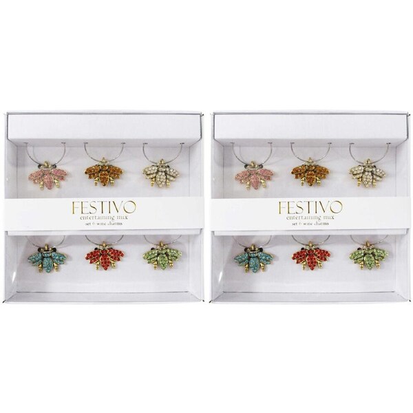 2x 6pc LVD Bumble Bee Alloy Wine Glass Charms Set 13x12cm Multicoloured