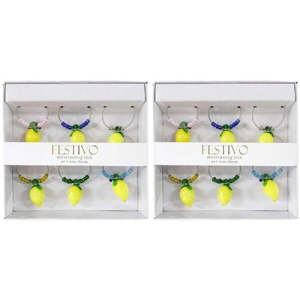 2x 6pc LVD Glass Lemons Fruit Alloy Wine Charms Set 13x12cm Multicoloured