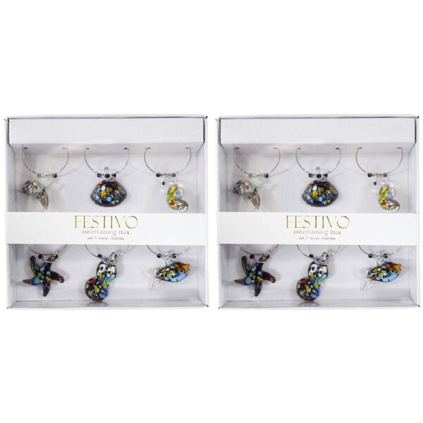 2x 6pc LVD Glass Ocean-Themed Alloy Wine Charms Set 13x12cm Multicoloured