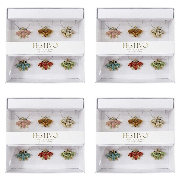 4x 6pc LVD Bumble Bee Alloy Wine Glass Charms Set 13x12cm Multicoloured