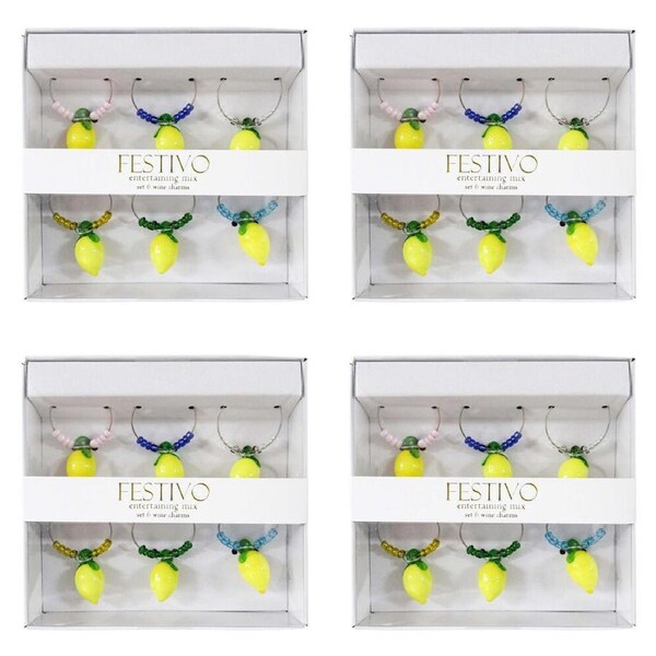 4x 6pc LVD Glass Lemons Fruit Alloy Wine Charms Set 13x12cm Multicoloured