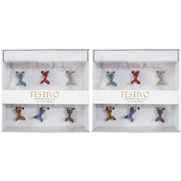 2x 6pc LVD Whale Tails Alloy Wine Glass Charms Set 13x12cm Multicoloured