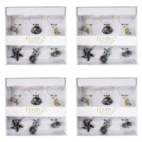4x 6pc LVD Glass Ocean-Themed Alloy Wine Charms Set 13x12cm Multicoloured
