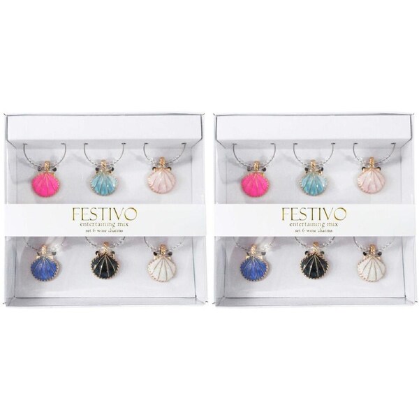 2x 6pc LVD Seashells Alloy Wine Glass Charms Set 13x12cm Multicoloured