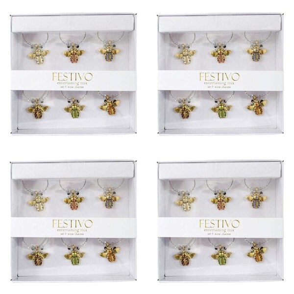 4x 6pc LVD Jewelled Bee Alloy Wine Glass Charm Set 13x12cm Multicoloured