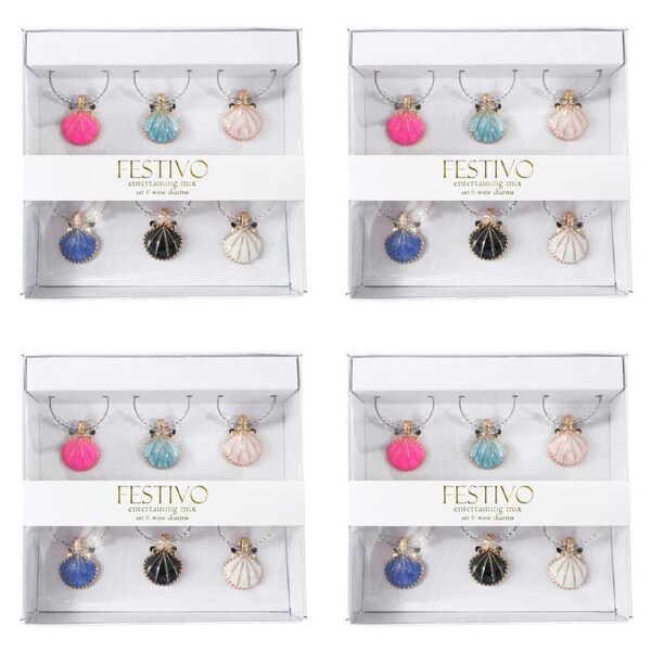 4x 6pc LVD Seashells Alloy Wine Glass Charms Set 13x12cm Multicoloured
