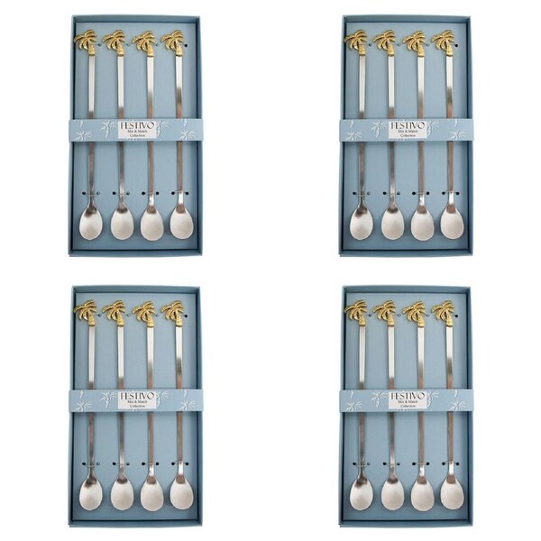 4x 4pc LVD Stainless Steel Long Spoons Set 22.5x12.5cm Gold Palm Trees