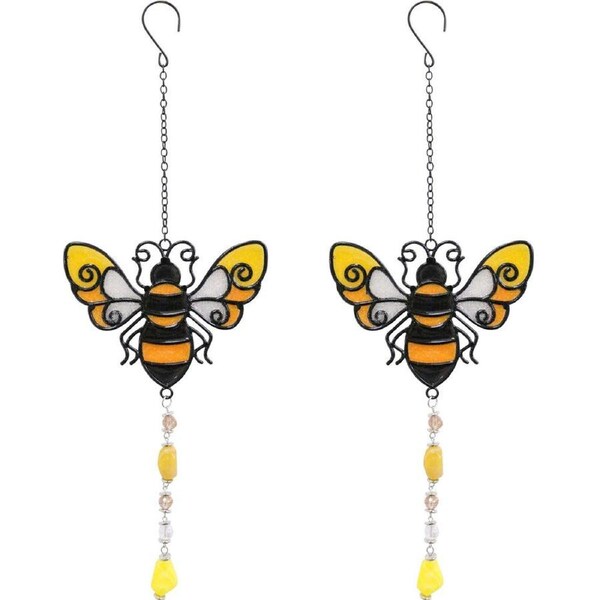 2PK LVD Glass/Metal Bumble Bee Outdoor Hanging Suncatcher 36cm Yellow