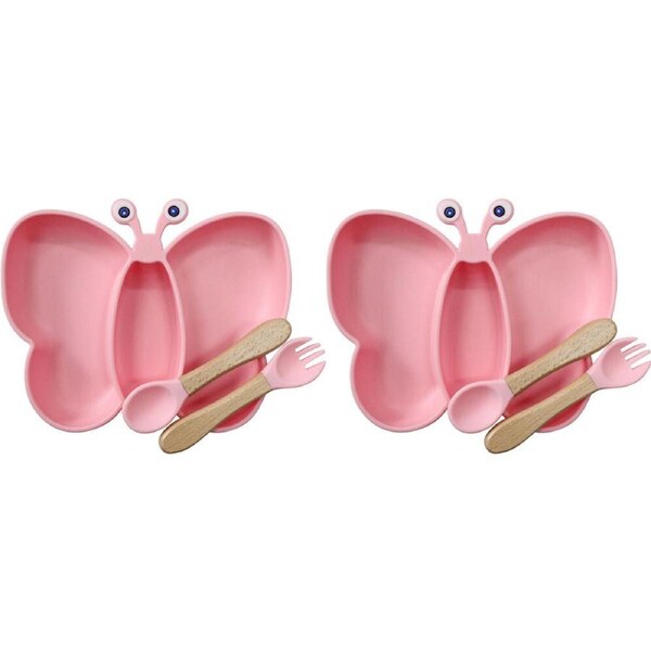 2x 3pc LVD Butterfly Silicone Baby Feeding Bowl and Cutlery Set 22x16.5cm Pink