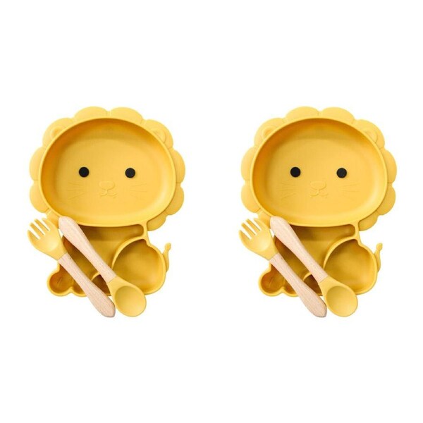 2x 3pc LVD Lion Silicone Baby Feeding Bowl and Cutlery Set 22x19cm Yellow