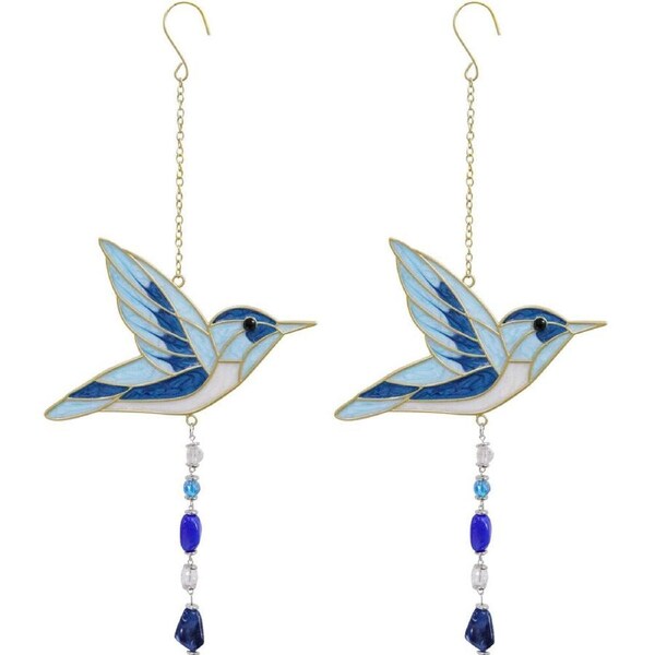 2PK LVD Stained Glass/Metal Hummingbird Outdoor Hanging Suncatcher 36cm Blue