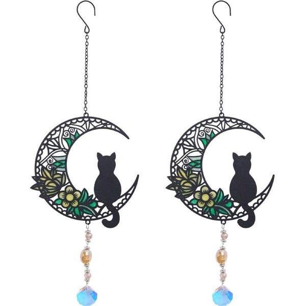 2PK LVD Glass/Metal Cat and Moon Outdoor Hanging Suncatcher 39cm Black