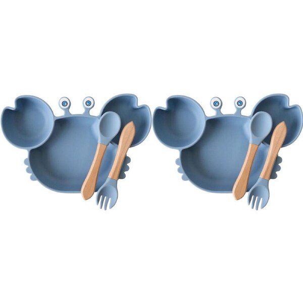 2x 3pc LVD Crab Silicone Baby Feeding Bowl and Cutlery Set 23x15cm Blue