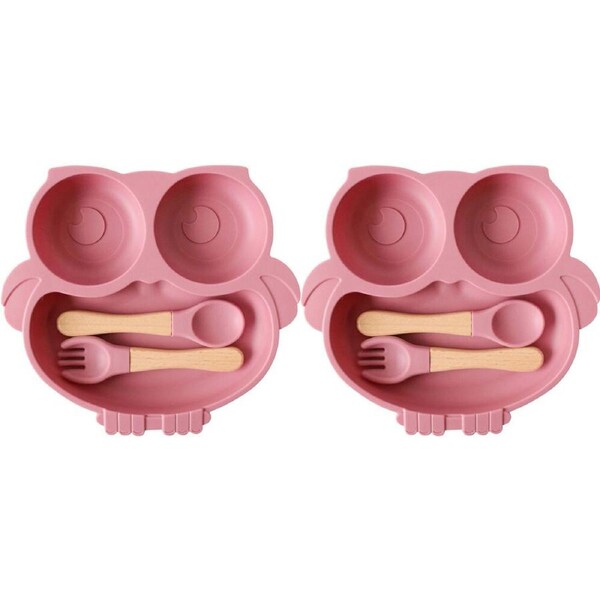 2x 3pc LVD Owl Silicone Baby Feeding Bowl and Cutlery Set 20x18cm Pink