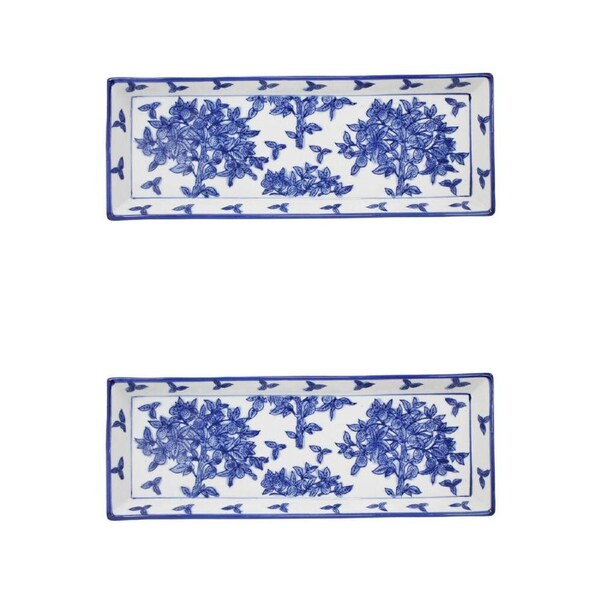 2PK LVD Porcelain Partere Rectangular Plate Trinket Tray 33.5x12cm Blue/White