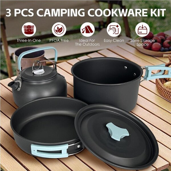 3Pcs Camping Cooking Set - Lightweight Anodised Aluminium Outdoor Cookware Kit with Heat-Resistant Handles